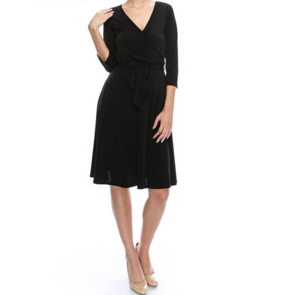 Black Faux Wrap Knee Length 3/4 Sleeve Fit Flare Dress