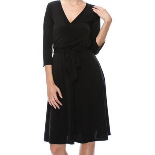 Black Faux Wrap Knee Length 3/4 Sleeve Fit Flare Dress