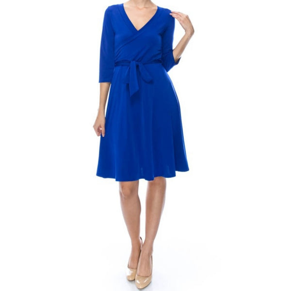 Royal Blue Solid Faux Wrap Knee Length 3/4 Sleeve Dress