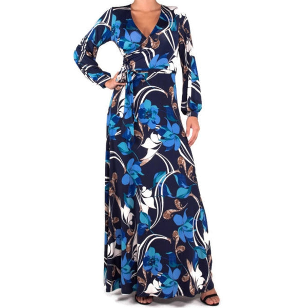 Blue Brown Cascading Floral Cuff Long Sleeve Faux Wrap Maxi Dress