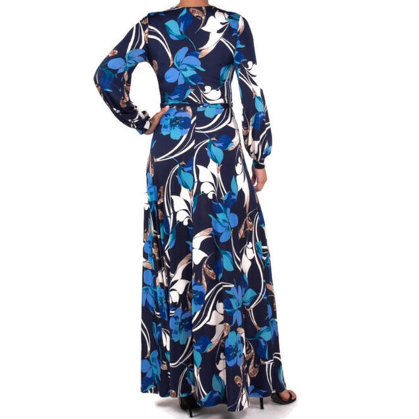 Blue Brown Cascading Floral Cuff Long Sleeve Faux Wrap Maxi Dress