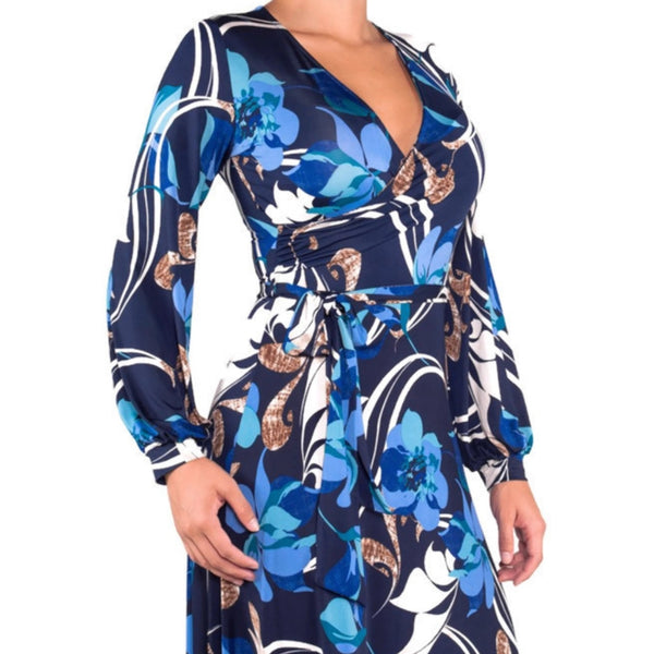 Blue Brown Cascading Floral Cuff Long Sleeve Faux Wrap Maxi Dress