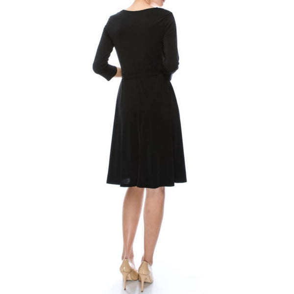 Black Faux Wrap Knee Length 3/4 Sleeve Fit Flare Dress