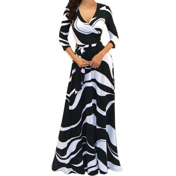 Got Style Black White Waves Faux Wrap Evening Casual Party Maxi Dress