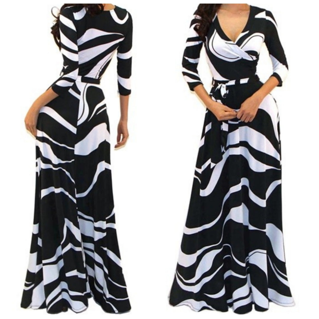 Got Style Black White Waves Faux Wrap Evening Casual Party Maxi Dress