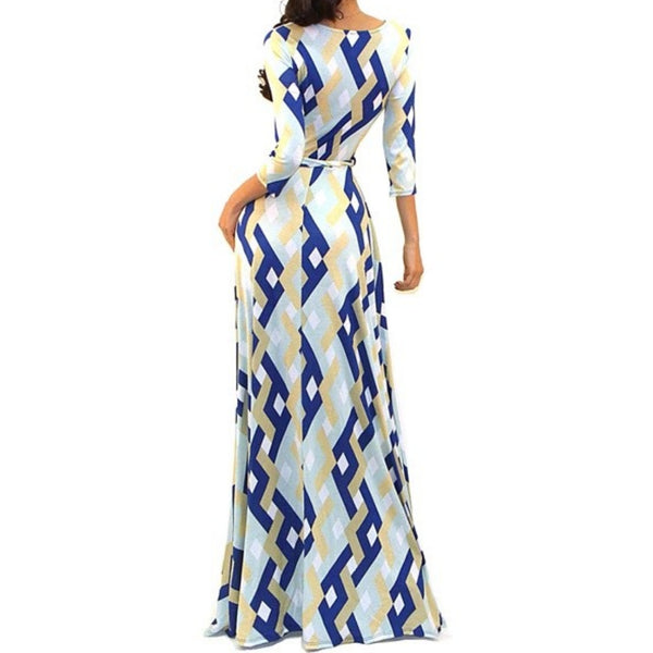 Got Style Blue Gray Links Pattern Faux Wrap Evening Casual Party Maxi Dress