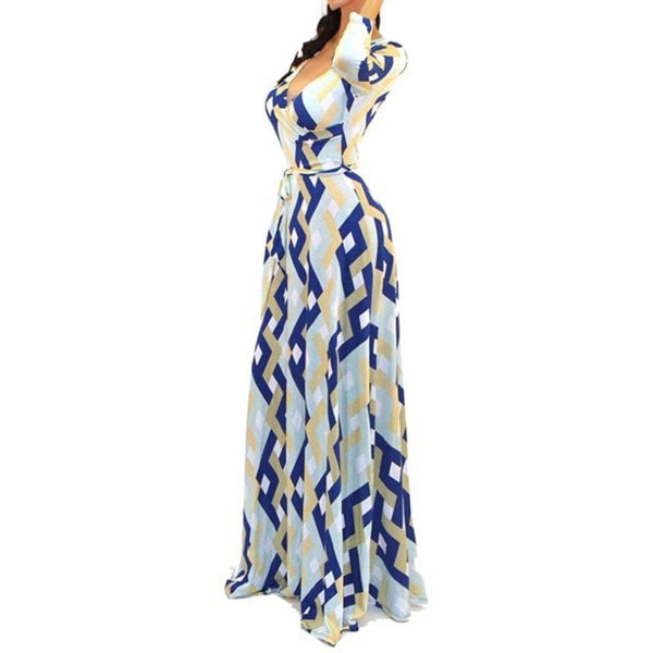 Got Style Blue Gray Links Pattern Faux Wrap Evening Casual Party Maxi Dress