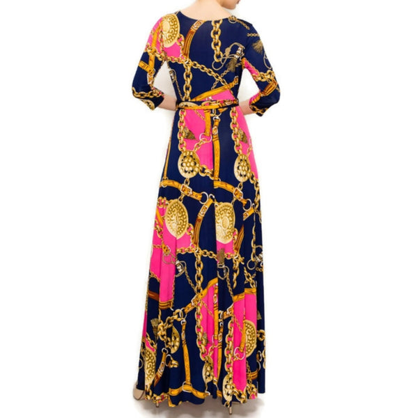 Pink Gold Chain Buckle Tassel Faux Wrap Maxi Dress