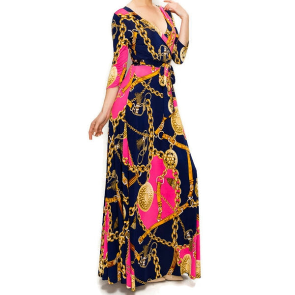 Pink Gold Chain Buckle Tassel Faux Wrap Maxi Dress