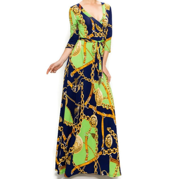 Lime Gold Chain Buckle Tassel Faux Wrap Maxi Dress