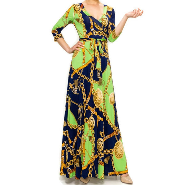 Lime Gold Chain Buckle Tassel Faux Wrap Maxi Dress