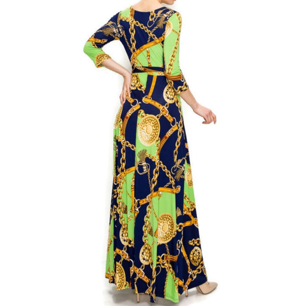 Lime Gold Chain Buckle Tassel Faux Wrap Maxi Dress