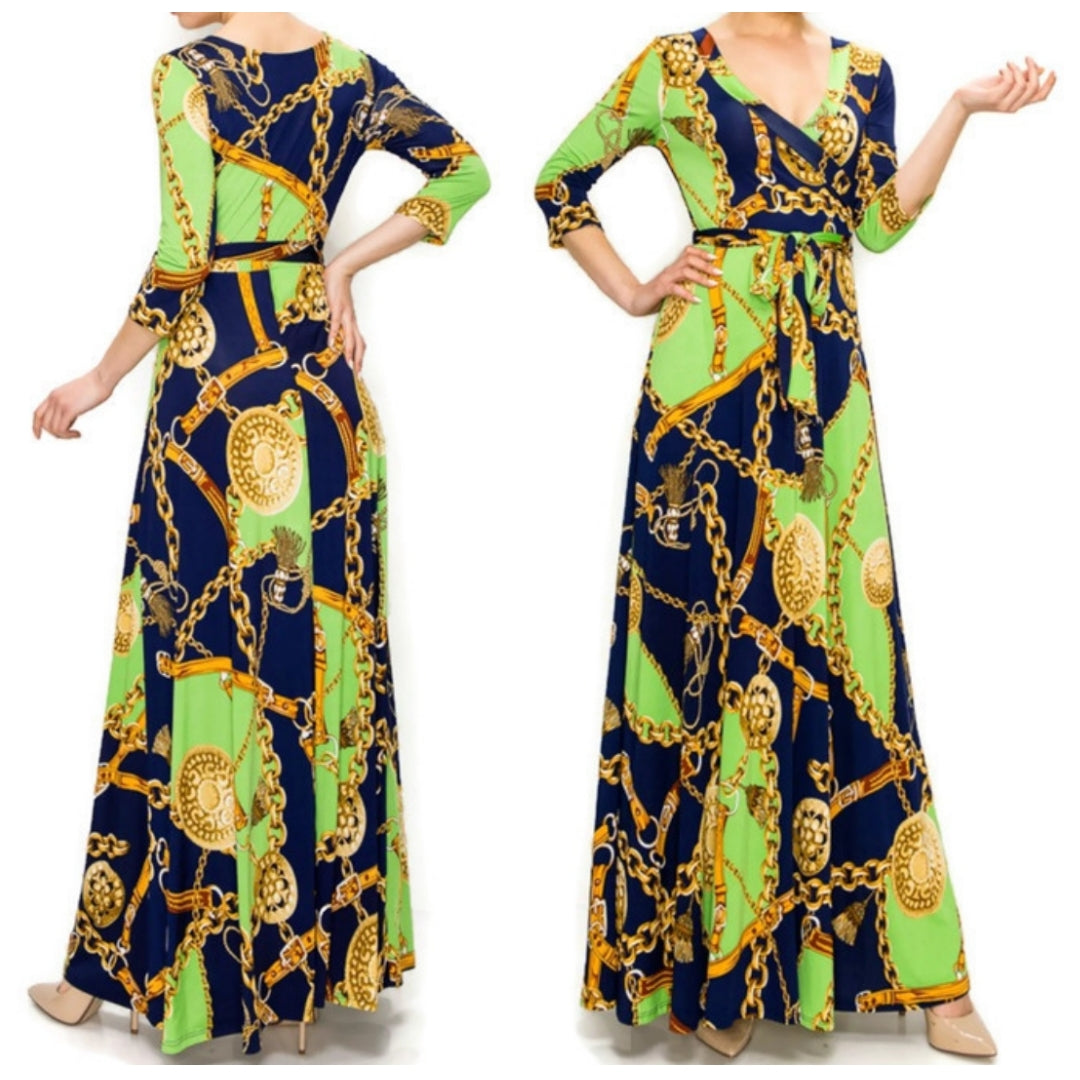 Lime Gold Chain Buckle Tassel Faux Wrap Maxi Dress