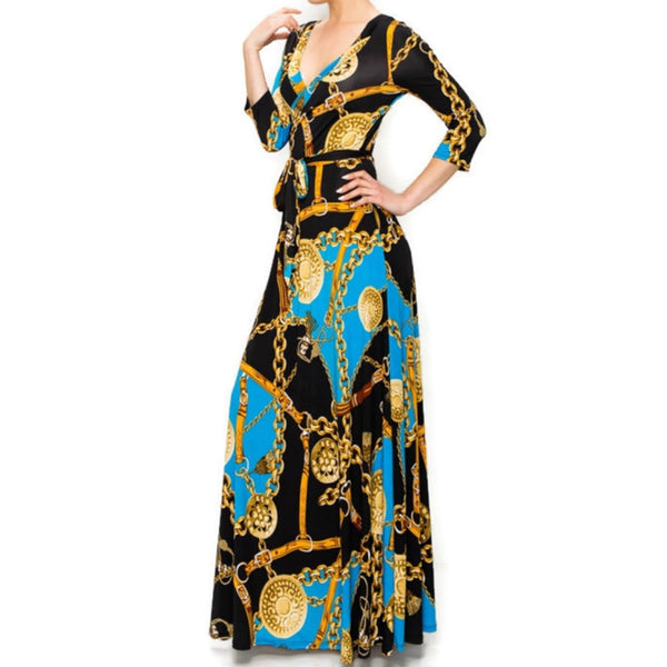 Blue Gold Chain Buckle Tassel Faux Wrap Maxi Dress