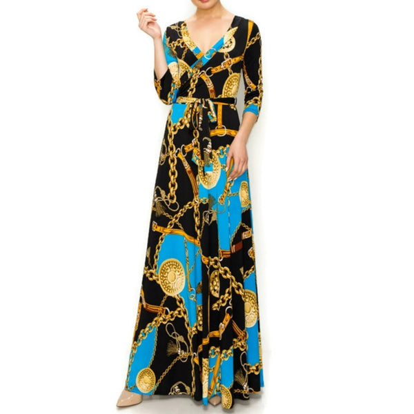 Blue Gold Chain Buckle Tassel Faux Wrap Maxi Dress