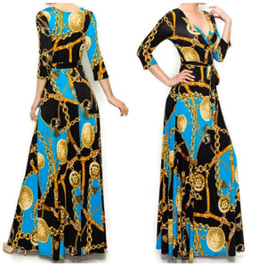 Blue Gold Chain Buckle Tassel Faux Wrap Maxi Dress