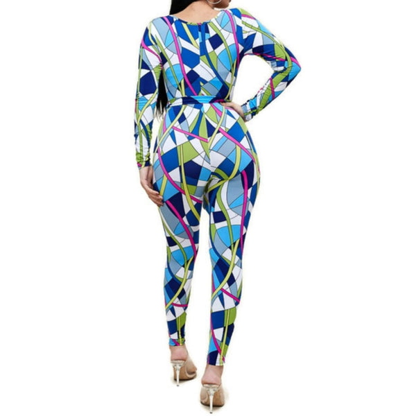 Kaleidoscope Blue White Long Sleeve Bodycon Casual Jumpsuit