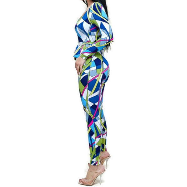 Kaleidoscope Blue White Long Sleeve Bodycon Casual Jumpsuit