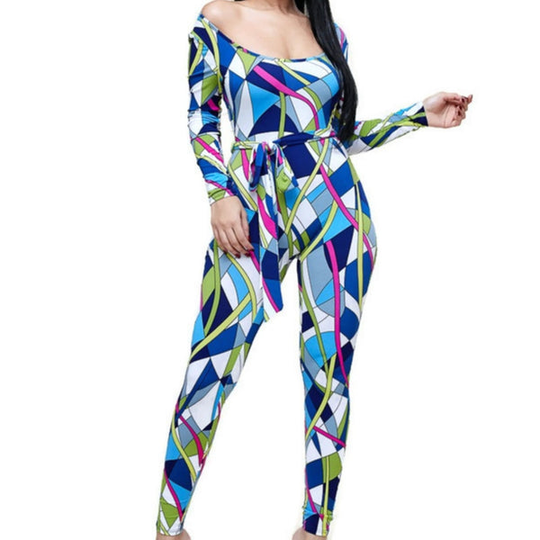 Kaleidoscope Blue White Long Sleeve Bodycon Casual Jumpsuit