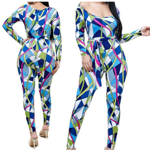 Kaleidoscope Blue White Long Sleeve Bodycon Casual Jumpsuit