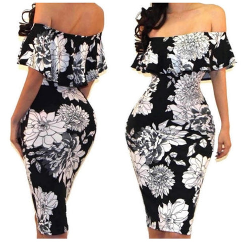 Black White Floral Off Shoulder Bodycon Party Cocktail Dress