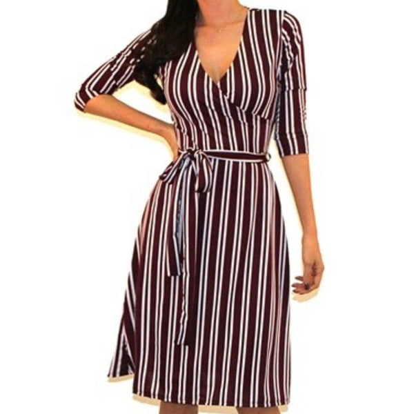 Got Style Burgundy White Stripe Faux Wrap Midi Dress