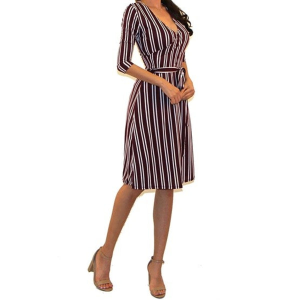 Got Style Burgundy White Stripe Faux Wrap Midi Dress