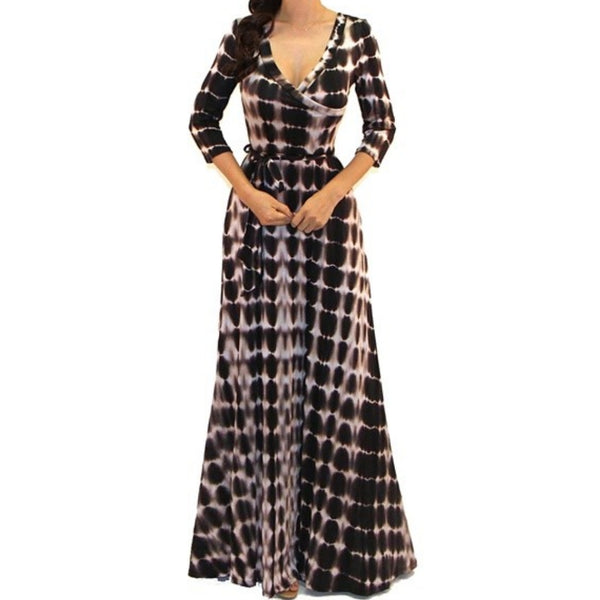 Got Style Brown White Tie Dye Faux Wrap Evening Casual Party Maxi Dress