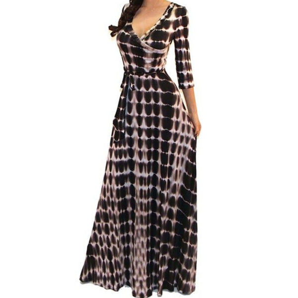 Got Style Brown White Tie Dye Faux Wrap Evening Casual Party Maxi Dress