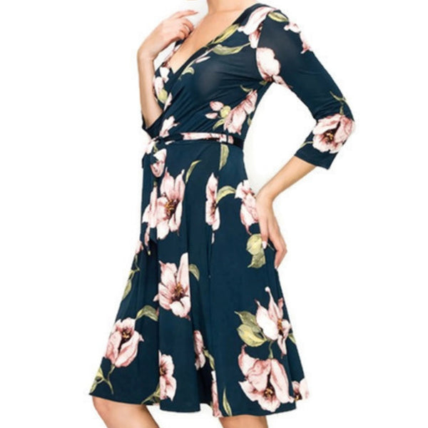 Navy Blush Floral Faux Wrap Knee Length Dress