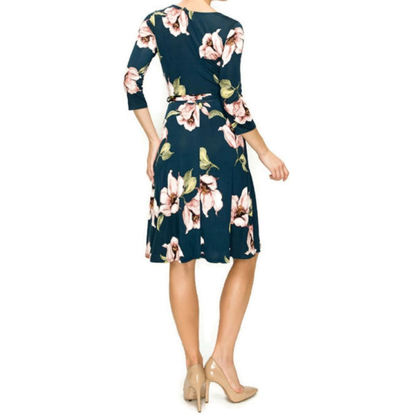 Navy Blush Floral Faux Wrap Knee Length Dress