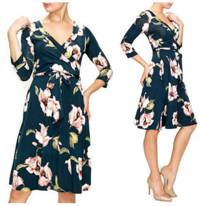 Navy Blush Floral Faux Wrap Knee Length Dress