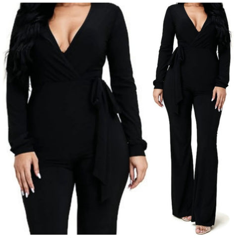 MM Plussize Black Long Sleeve Bell Bottom Tie Waist Jumpsuit