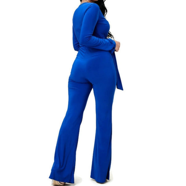 MM Royal Blue Long Sleeve Bell Bottom Tie Waist Jumpsuit