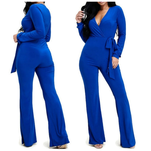 MM Royal Blue Long Sleeve Bell Bottom Tie Waist Jumpsuit