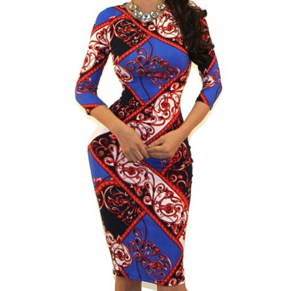 GS Blue Red Swirl Pattern Bodycon Party Cocktail Dress