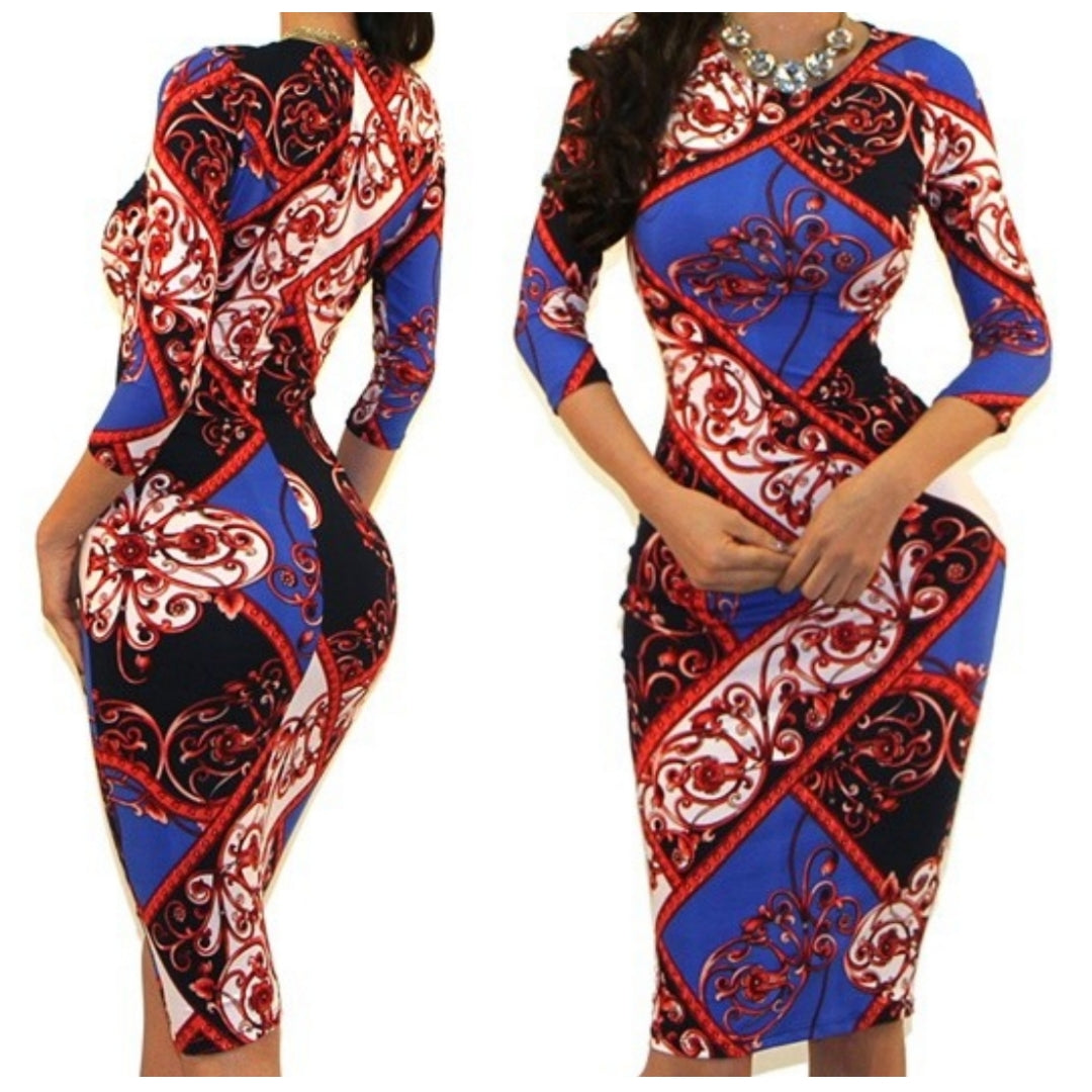 GS Blue Red Swirl Pattern Bodycon Party Cocktail Dress