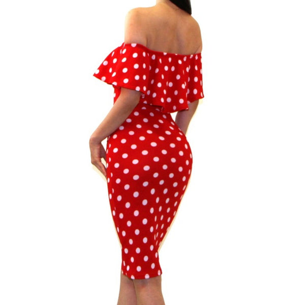 Red White Polka Dot Off Shoulder Bodycon Party Cocktail Midi Dress