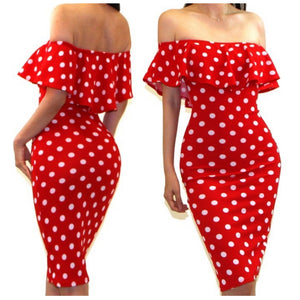 Red White Polka Dot Off Shoulder Bodycon Party Cocktail Midi Dress