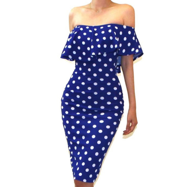 Royal Blue White Polka Dot Off Shoulder Bodycon Party Cocktail Midi Dress