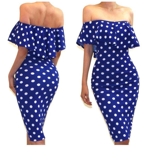 Royal Blue White Polka Dot Off Shoulder Bodycon Party Cocktail Midi Dress