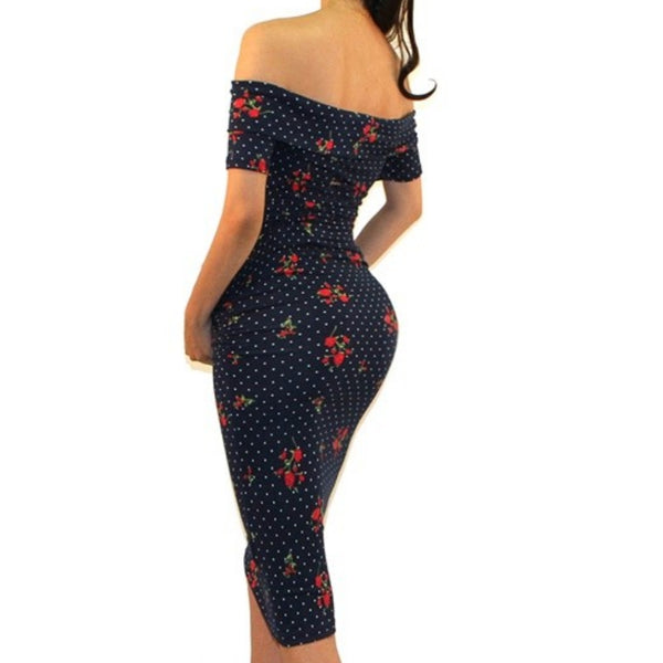 Got Style Navy Red Rose Off Shoulder Ruched Fitted Maternity Midi Dress