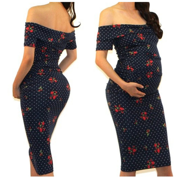 Got Style Navy Red Rose Off Shoulder Ruched Fitted Maternity Midi Dress