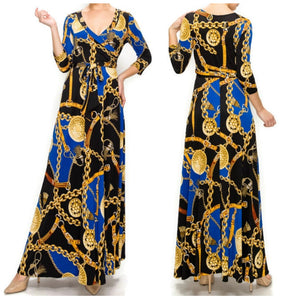 Royal Blue Gold Chain Buckle Tassel Faux Wrap Maxi Dress