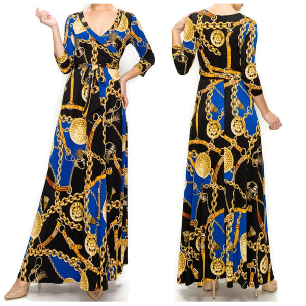 Royal Blue Gold Chain Buckle Tassel Faux Wrap Maxi Dress