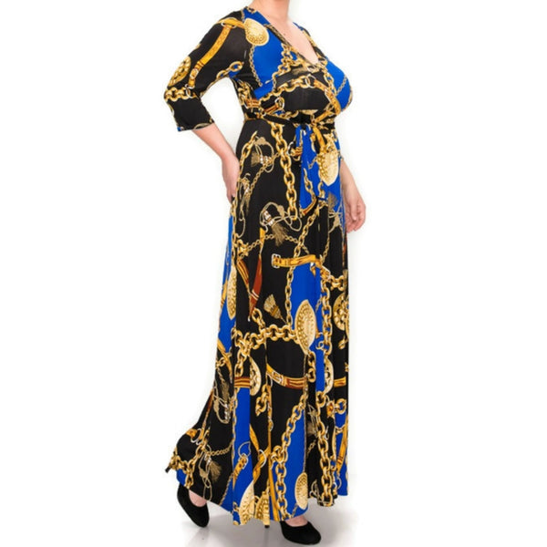 Royal Blue Gold Chain Buckle Tassel Faux Wrap Maxi Dress