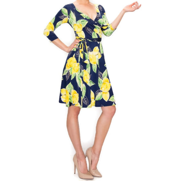 Navy Yellow Lemon Faux Wrap Knee Length Dress