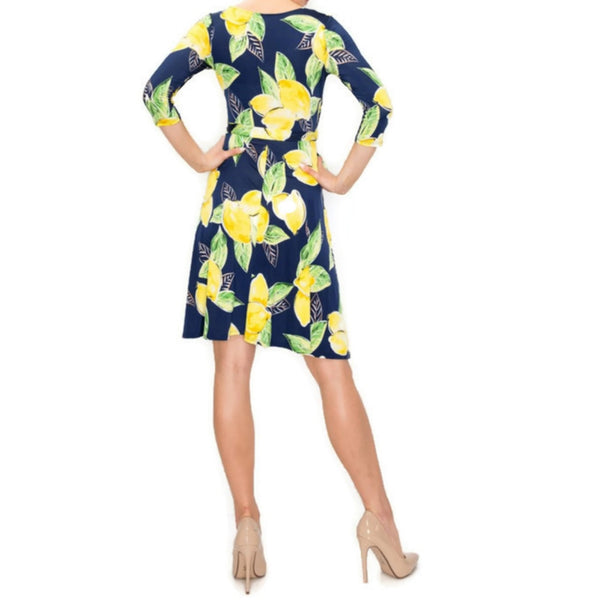 Navy Yellow Lemon Faux Wrap Knee Length Dress