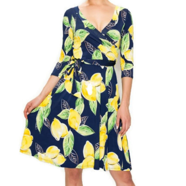 Navy Yellow Lemon Faux Wrap Knee Length Dress