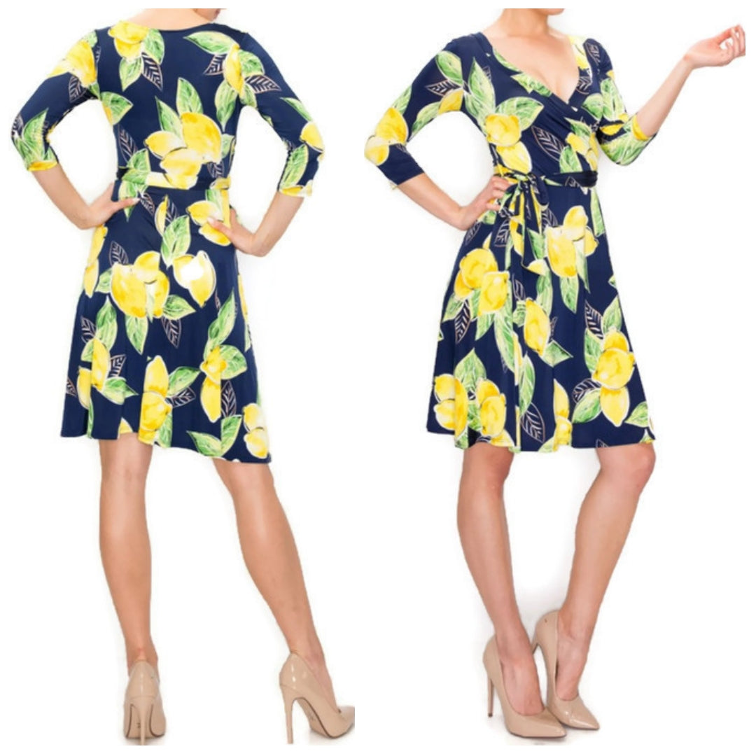 Navy Yellow Lemon Faux Wrap Knee Length Dress